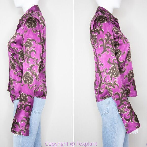 Linda Allard Ellen‎ tracy silk floral print purple shirt, size Petite 2 - Picture 2 of 16